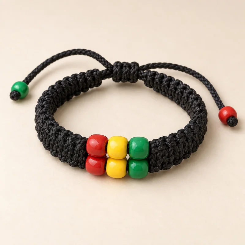 Armband, schwarze Kordel mit Perlen in Rot, Gelb und Grün