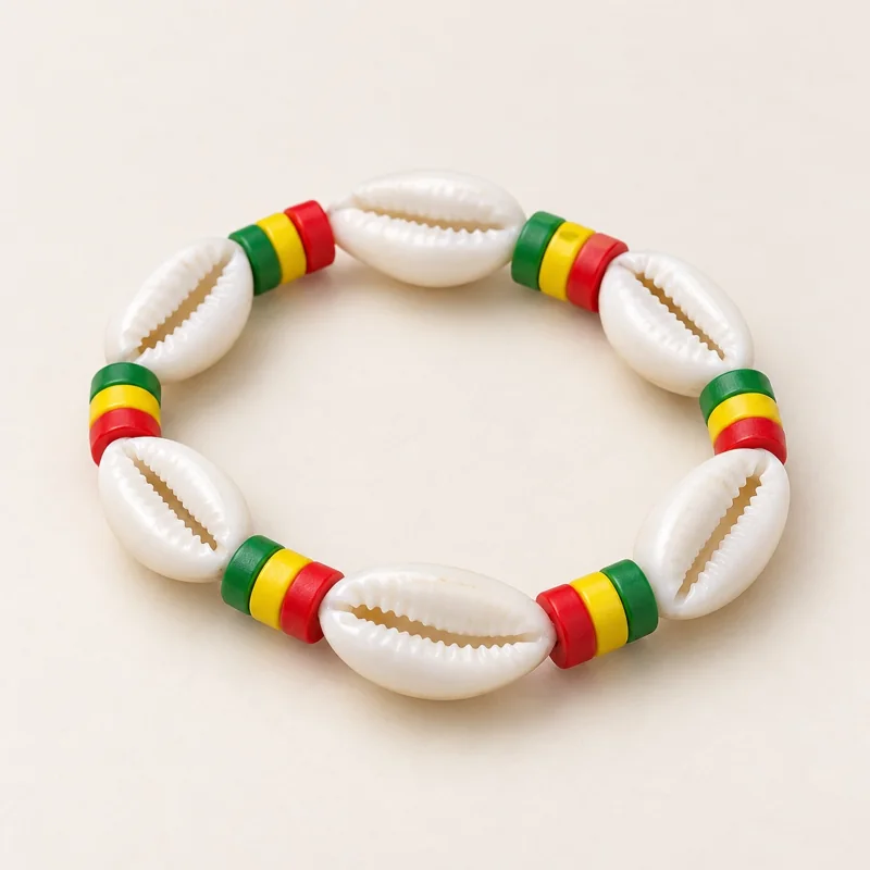 Armband aus Kaurimuscheln mit Scheibenperlen in Grün, Gelb und Rot