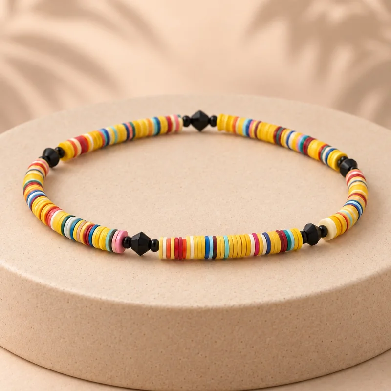Buntes Armband auf sandfarbenem Podest